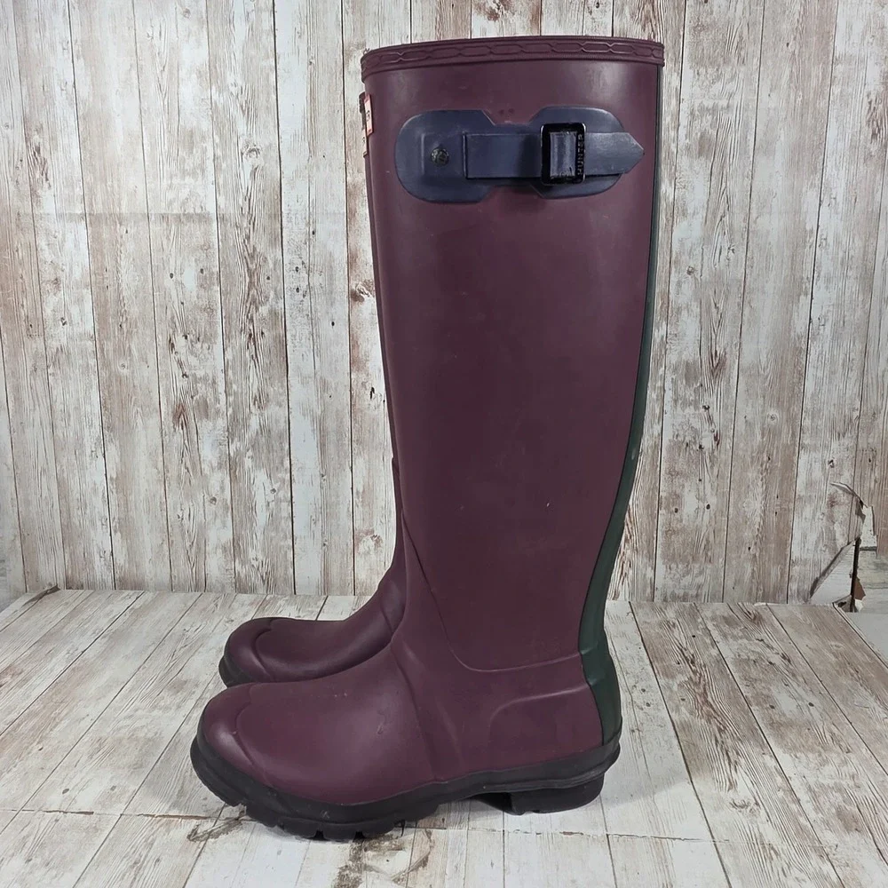 Hunter Tall Rain Boots Womens 8 Plum Burgundy Green Rubber Waterproof Wellies